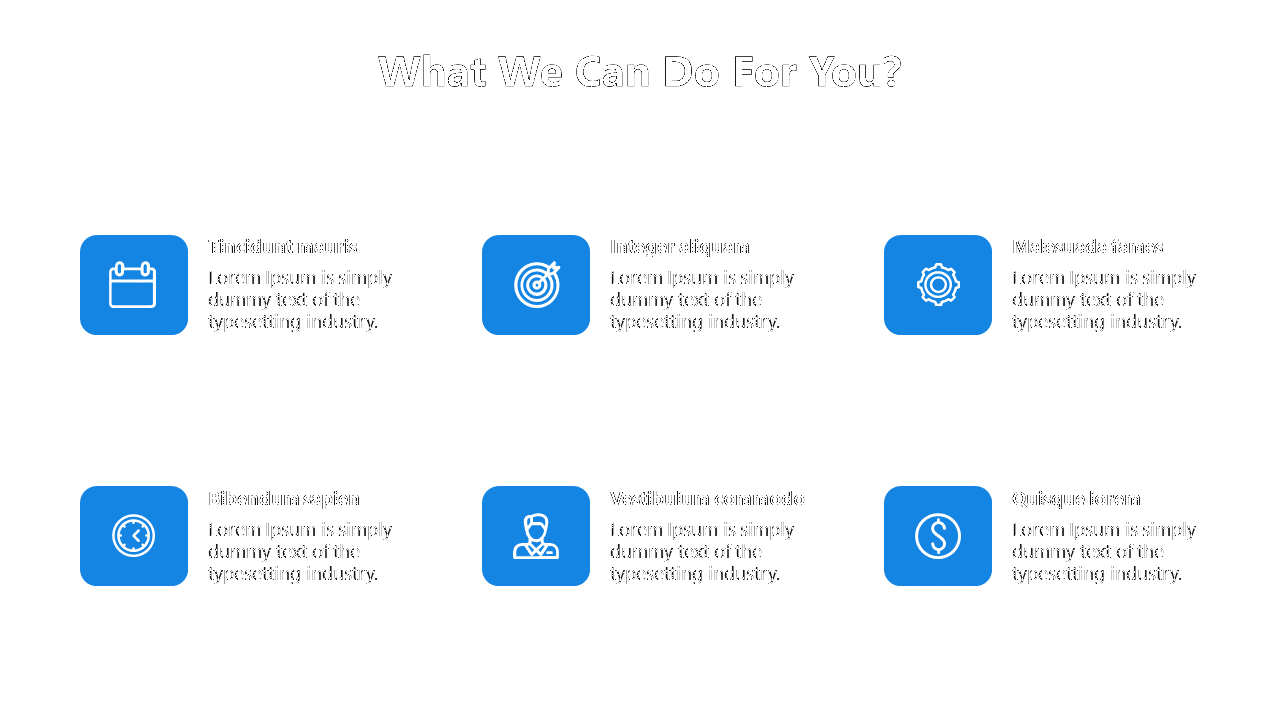 Slide showing six service icons in blue boxes with titles and short text, organized in two neat horizontal rows.