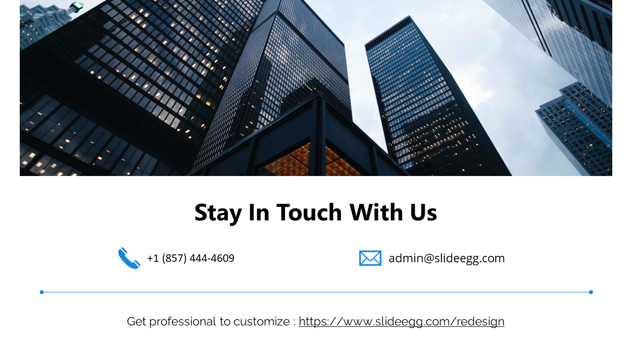 Contact information slide featuring phone and email icons under a skyscraper background, with a website customization link.