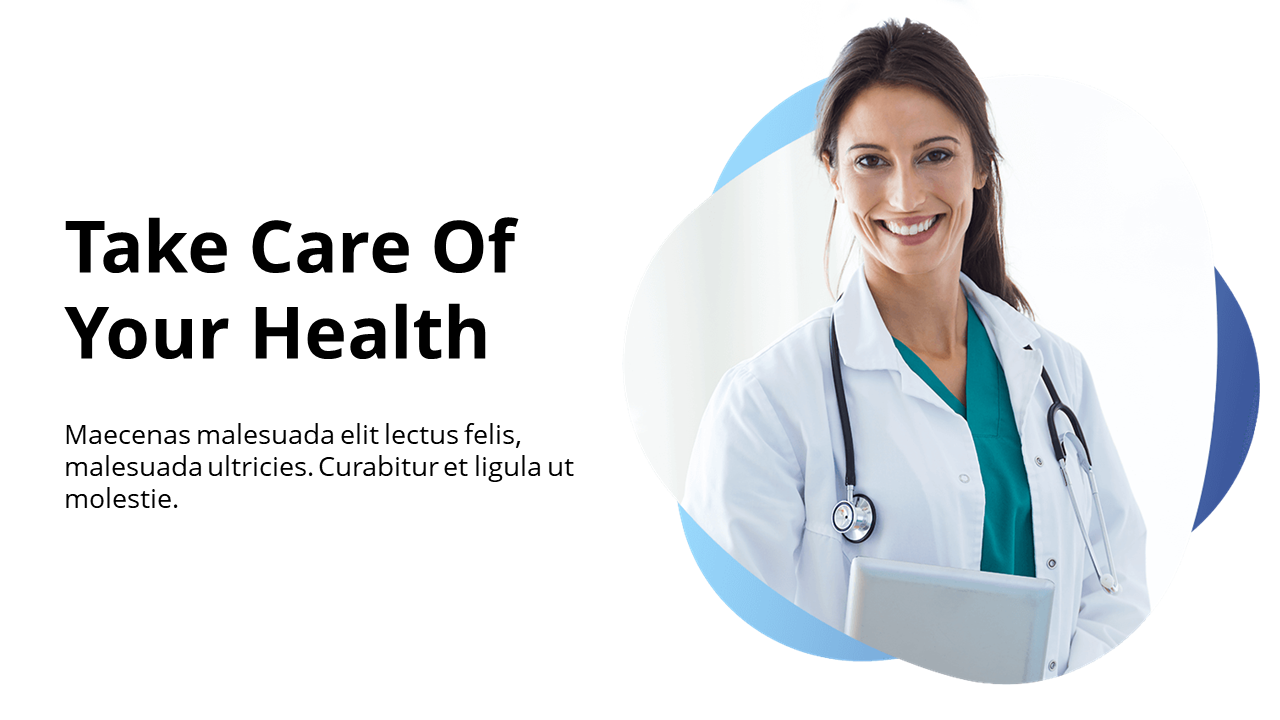 Healthcare slide deck including clinic introduction, doctor profiles, and services with clean white and blue visuals.