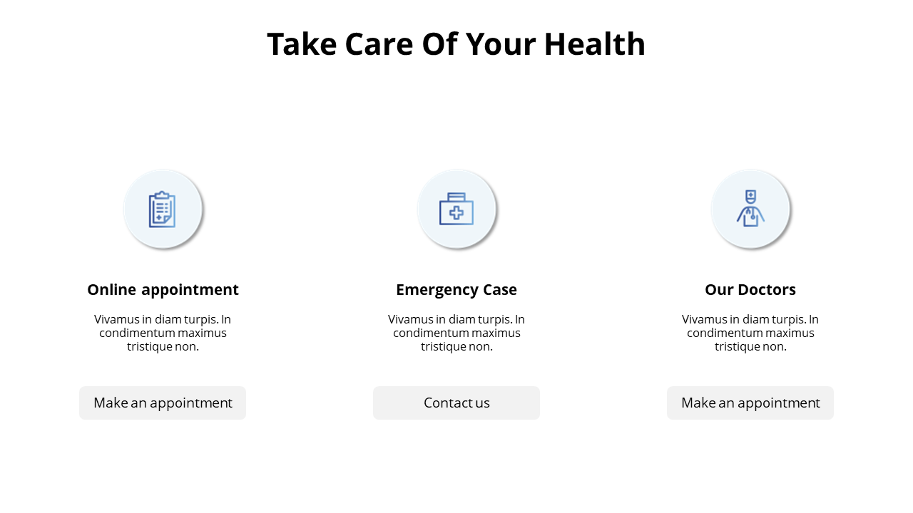 Three service icons for online appointment, emergency case, and doctors, each with a short text and action button below.