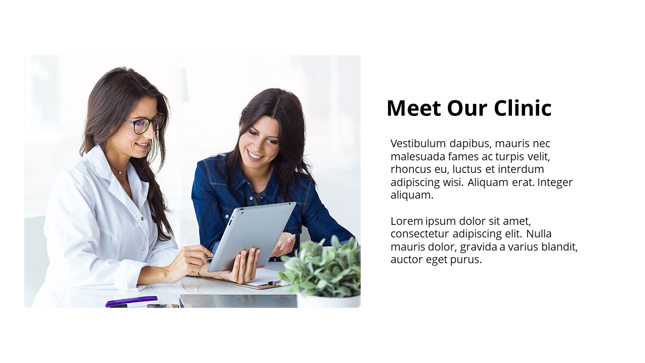 Female doctor and patient smiling while looking at a tablet, seated at a desk with clinic introduction text on the right.