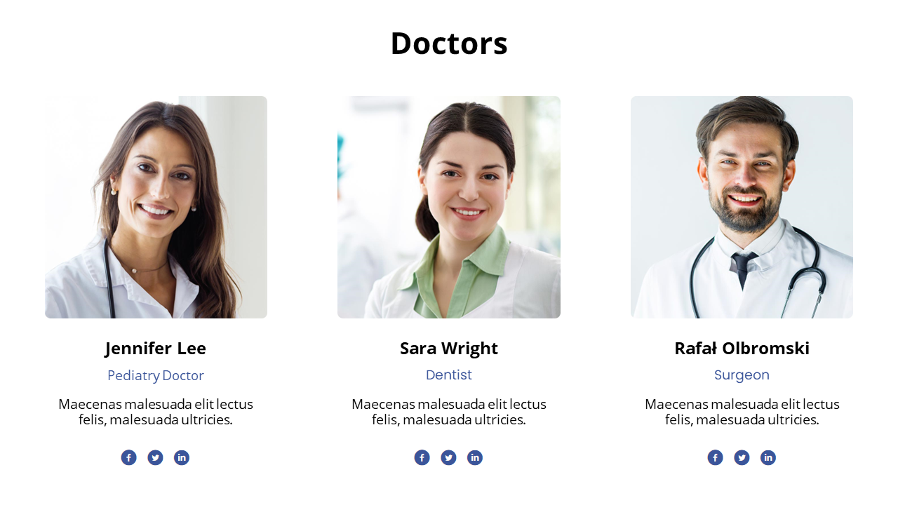 Three doctor profiles displayed with names, specialties, short descriptions, and social media icons under each photo.