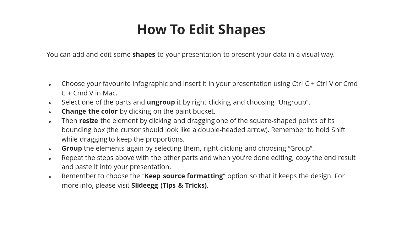 Guide on editing shapes in a presentation, showing a title and a bulleted list of steps for customizing design elements.