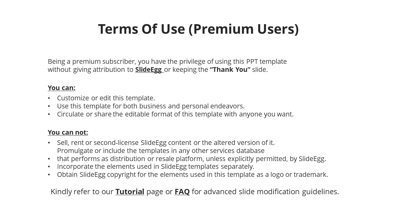 Terms of use slide for premium users outlining allowed edits, sharing privileges, and restrictions for SlideEgg templates.