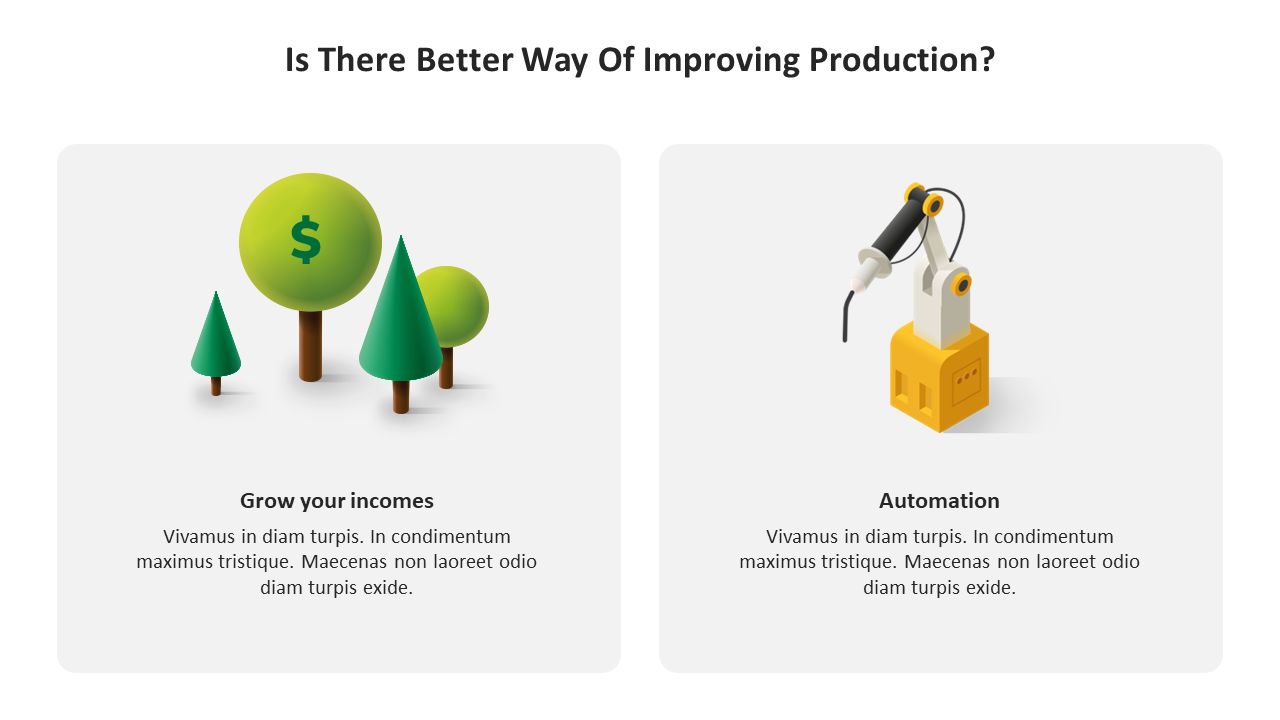 Comparison layout with a dollar tree icon for income growth and a robotic arm for automation improvement under a heading.