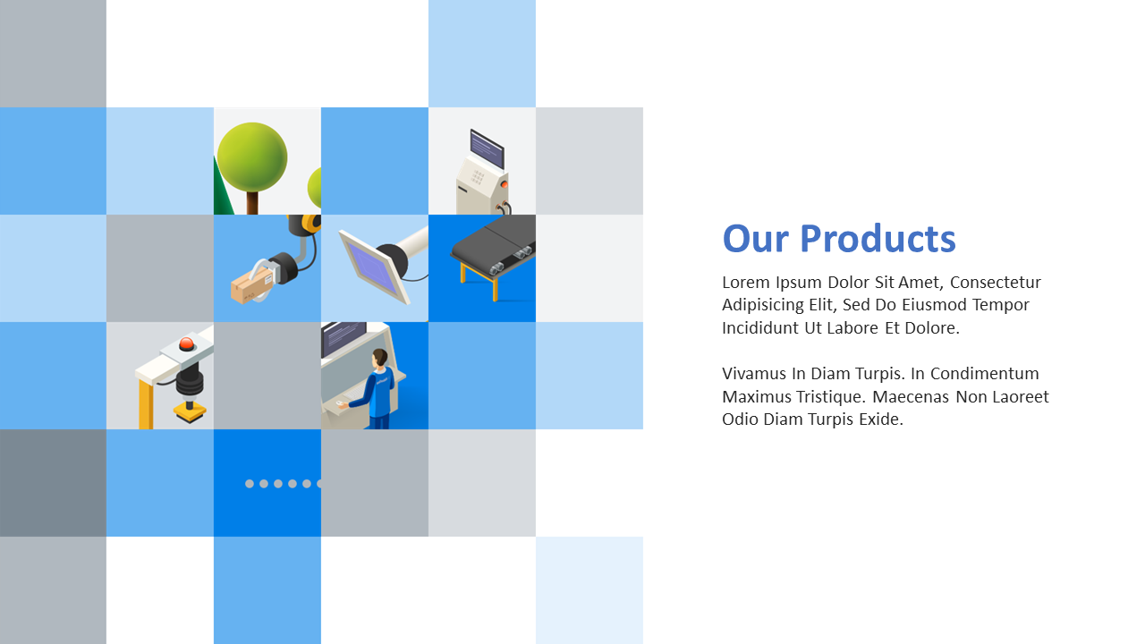 Tiled background with scattered images of factory equipment and a right side text block introducing products and services.
