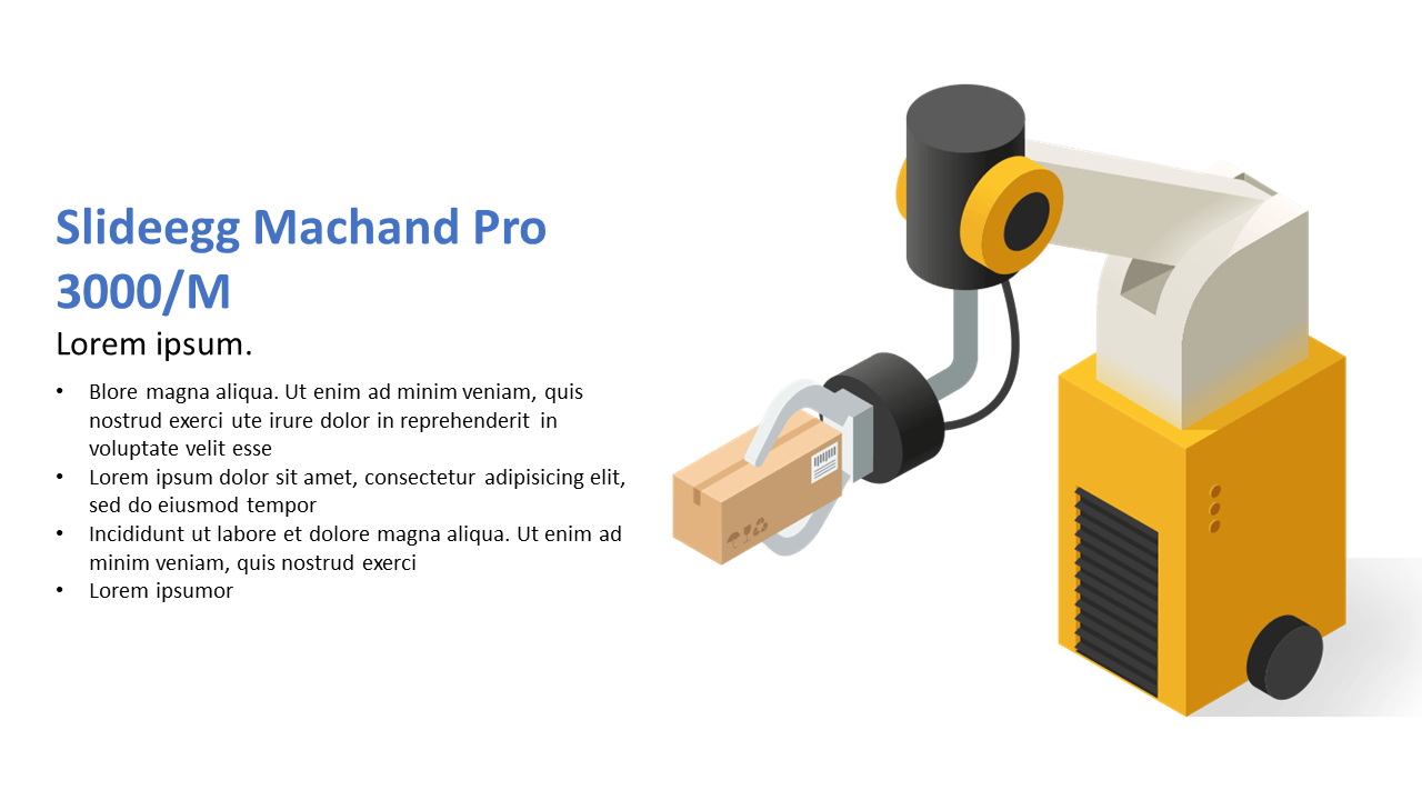 Yellow robotic arm holding a cardboard box on the right, with a product description and bullet points listed on the left.