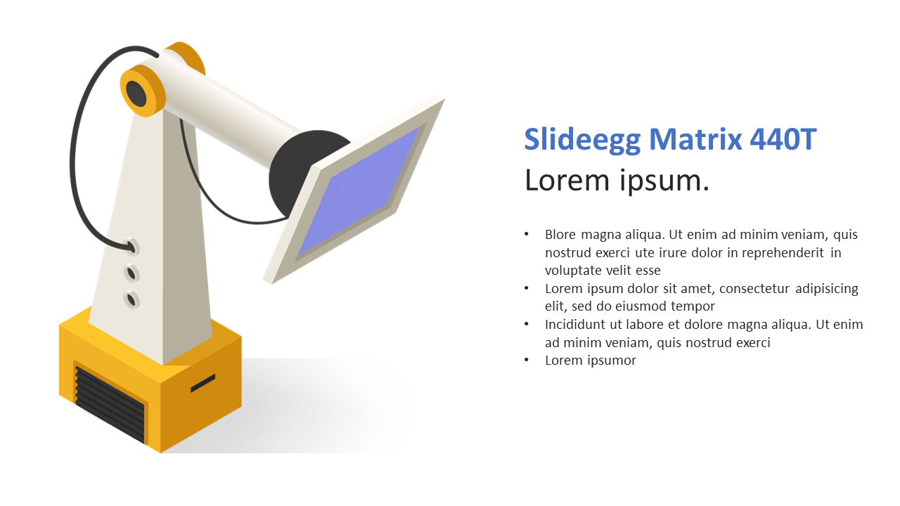 Yellow based robotic arm illustration displaying a monitor, with product details and bullet points presented alongside.