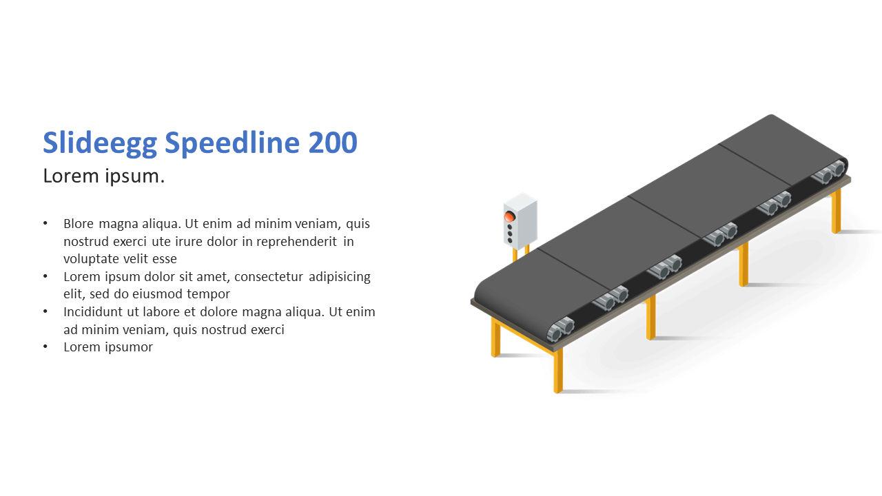 Manufacturing conveyor belt shown beside a left aligned text block with product name, short paragraph, and feature bullets.