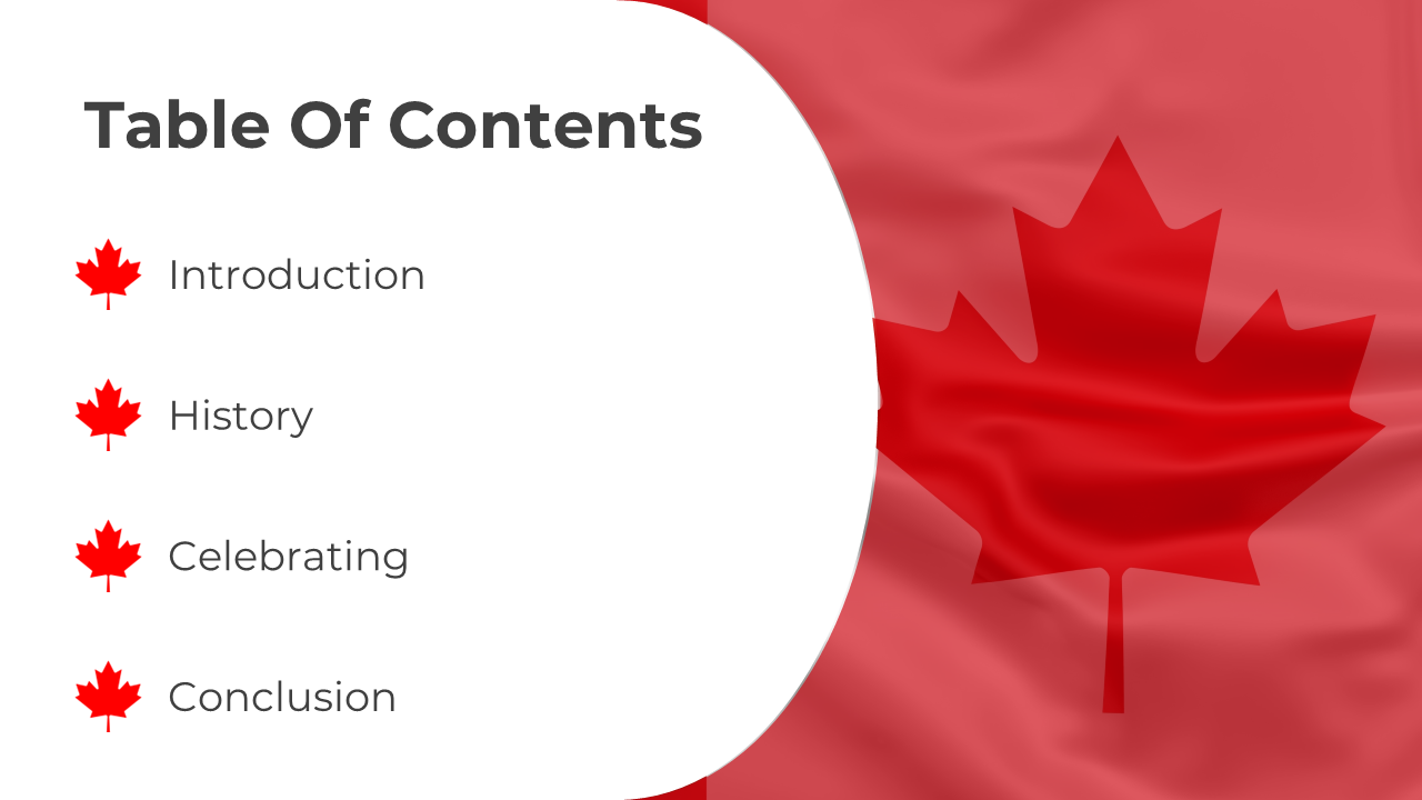 Slide featuring a table of contents layout with maple leaf icons, white left panel, and a waving Canadian flag on the right.