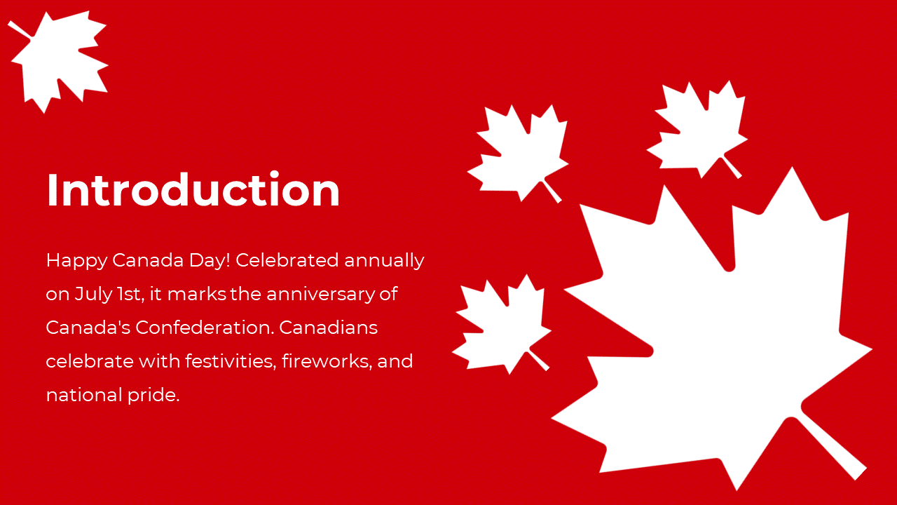 Canada Day introduction slide with white maple leaf graphics on a red background and celebration text on the left.