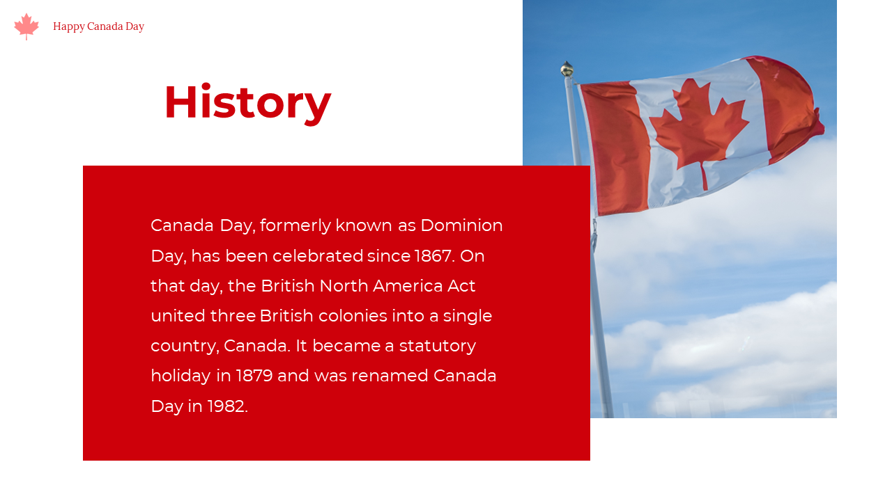 History slide for Canada Day featuring red and white layout with a waving Canadian flag photo beside the historical text.