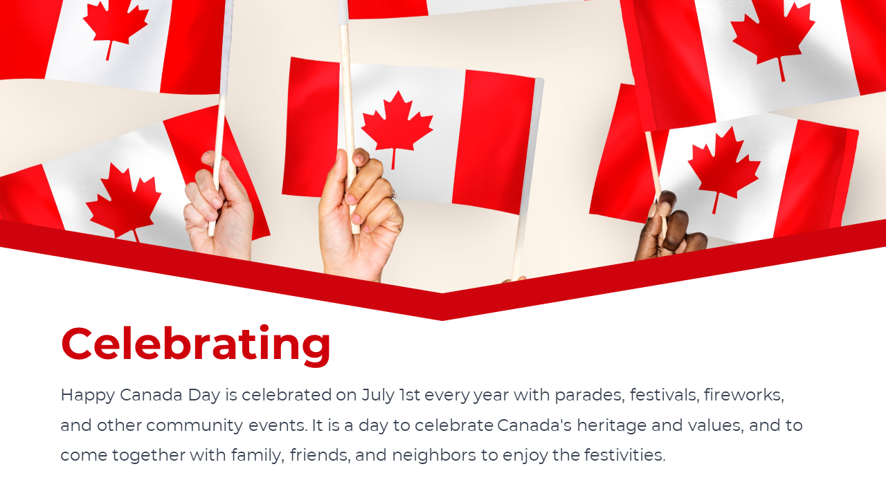 Canada Day celebration slide featuring hands with flags, red angled divider, and text about parades and community pride.