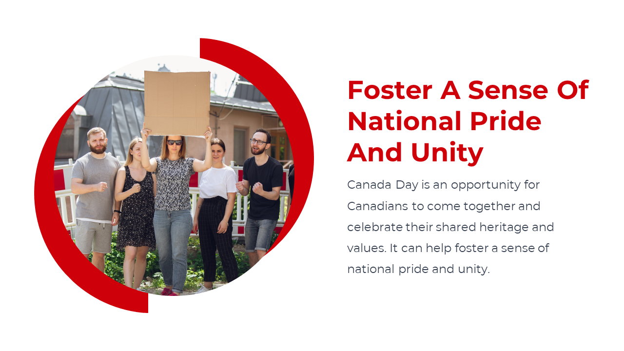 Slide showing a group of people outdoors holding a blank sign, with red frame and text about national pride and unity.