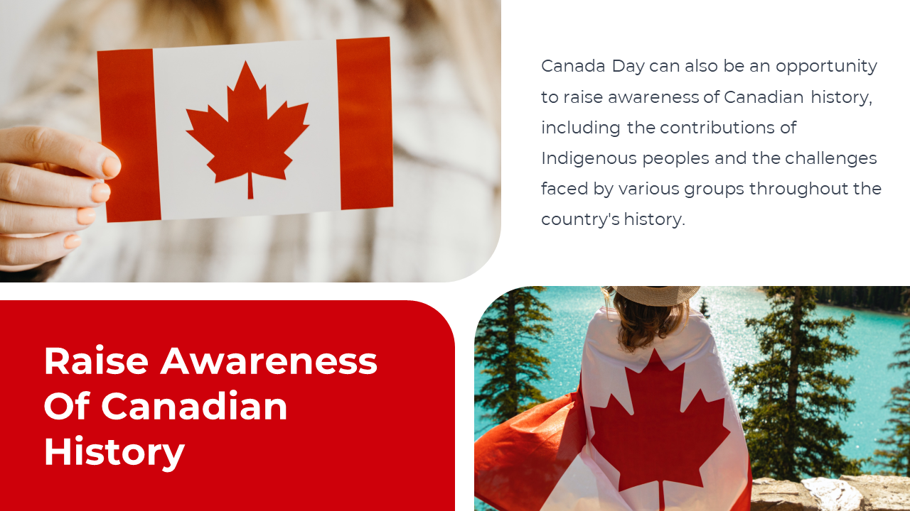 Canada Day awareness slide with a small flag and person overlooking water, focusing on Canadian historical heritage.