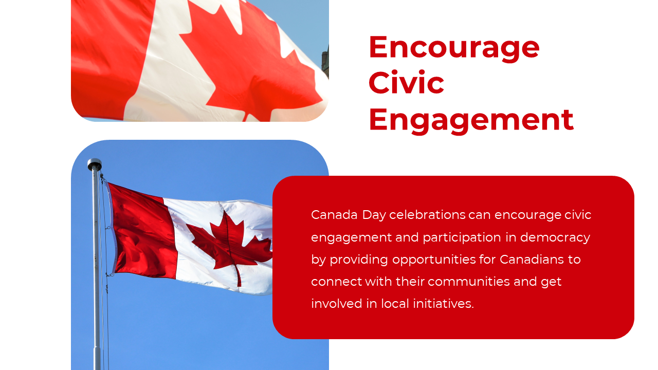 Slide showing two Canadian flags waving in the sky, encouraging civic engagement and community connection on Canada Day.