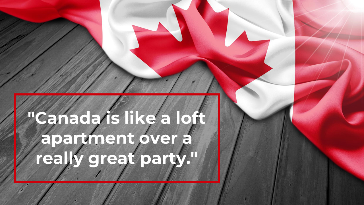 Canadian flag draped over wooden floor with sunlight shining, featuring a framed quote about Canada’s vibrant spirit.