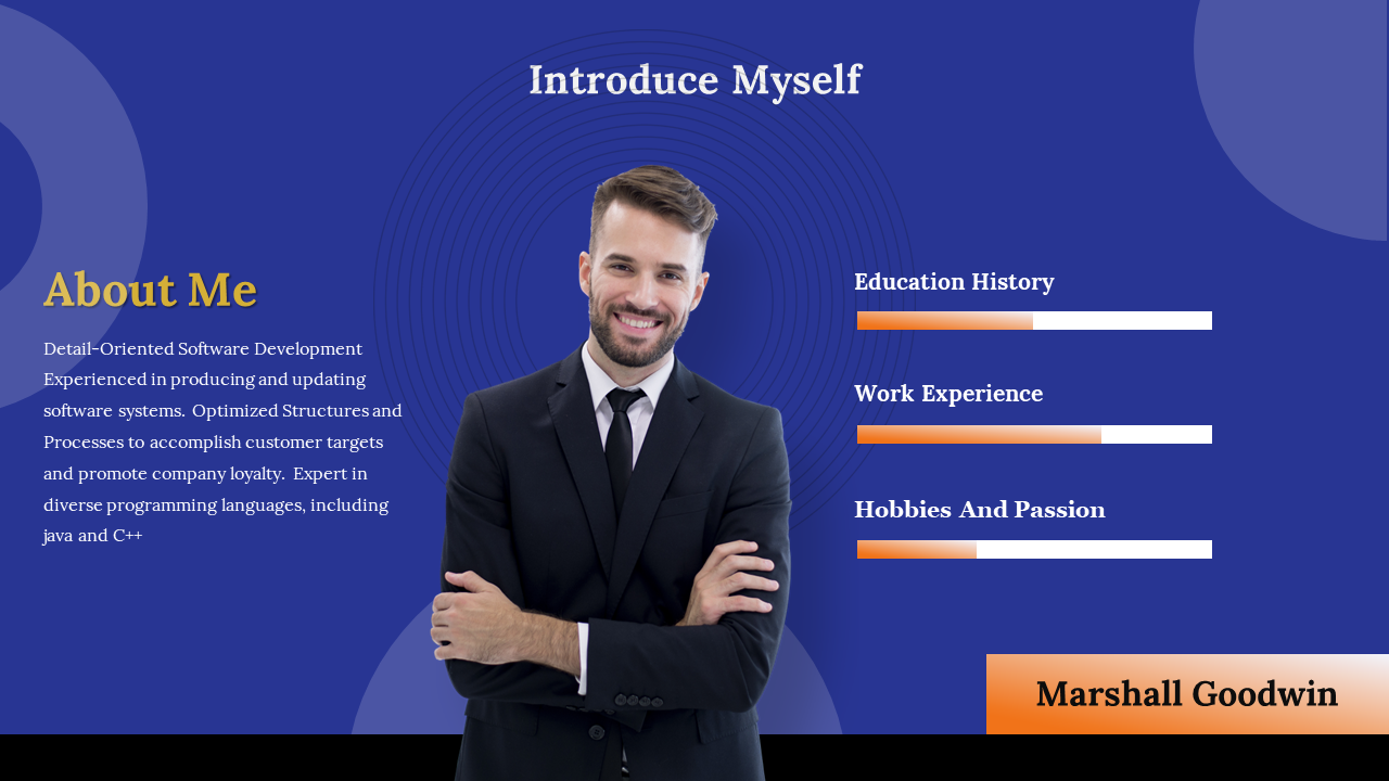 About Me introduction slide with smiling man in suit, left text about skills, and three orange bars on a blue background.