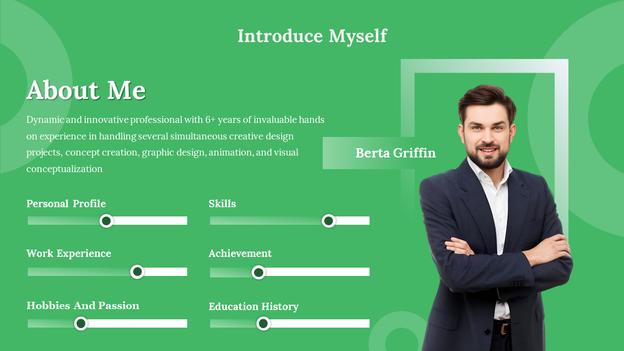 Introduce Myself template with a man’s photo, creative background, text summary, and green progress sliders for key skills.