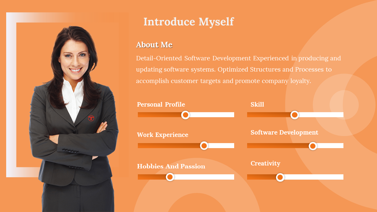 About Me with woman’s photo on left, orange theme, and six white-orange sliders highlighting skills and experience.