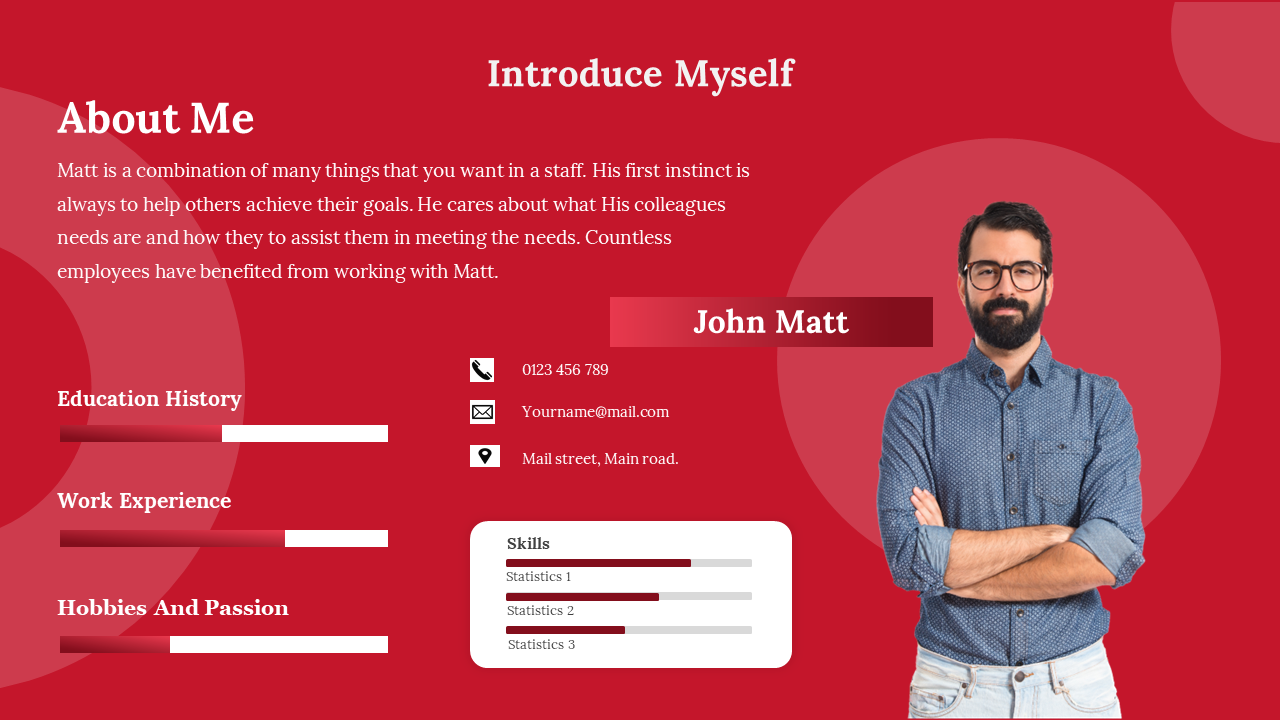 About Me slide with man's photo on right, white text area, three skill bars, and progress sliders for education and hobbies.