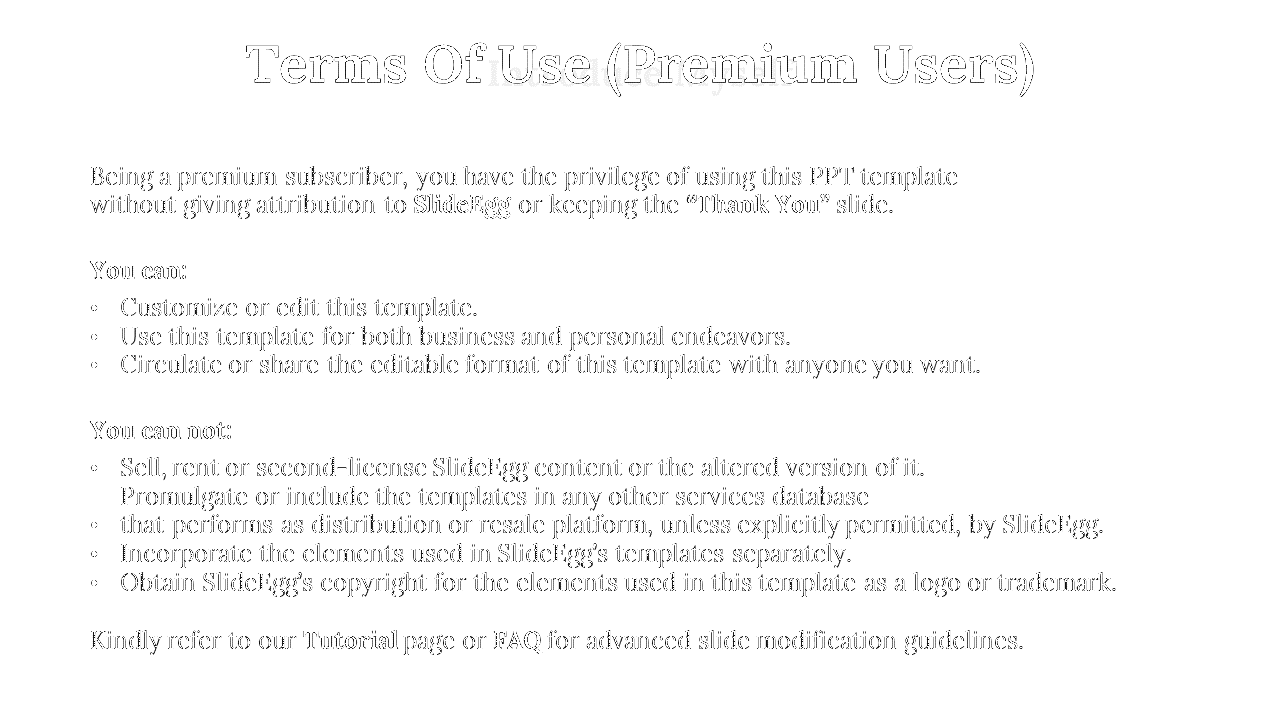 Premium users terms slide listing editable rights and restrictions for SlideEgg templates with Tutorial and FAQ references.