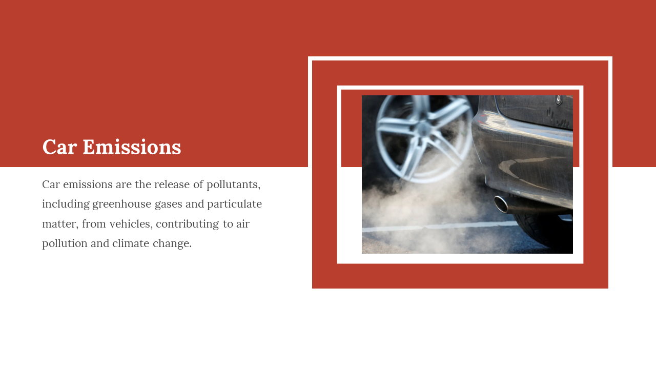 Vehicle exhaust pipe releasing fumes with smoke around the rear tire, featured in a double design against red and white.