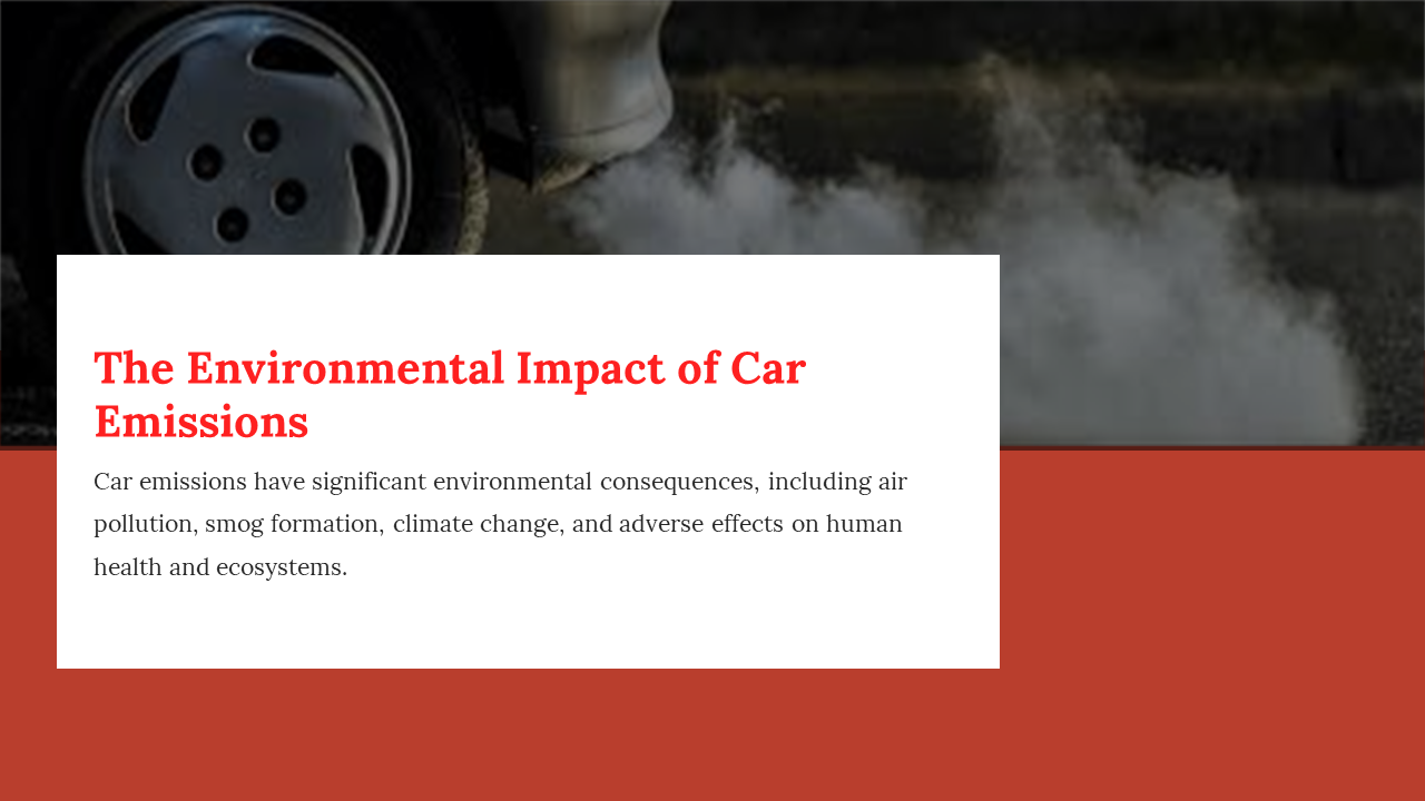 Vehicle tire next to visible exhaust smoke, paired with a white and red section detailing the impact of car emissions.