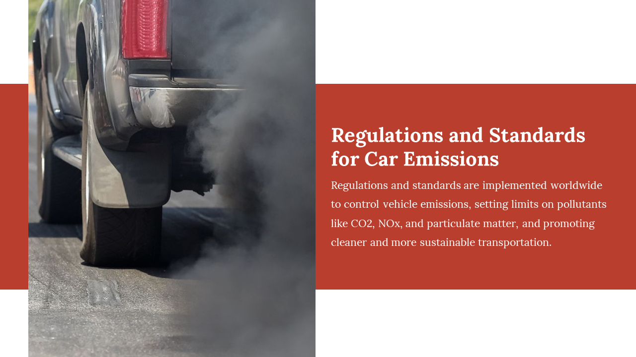Back of a pickup truck with heavy smoke emission, positioned beside a white and red text block on emissions control standard.