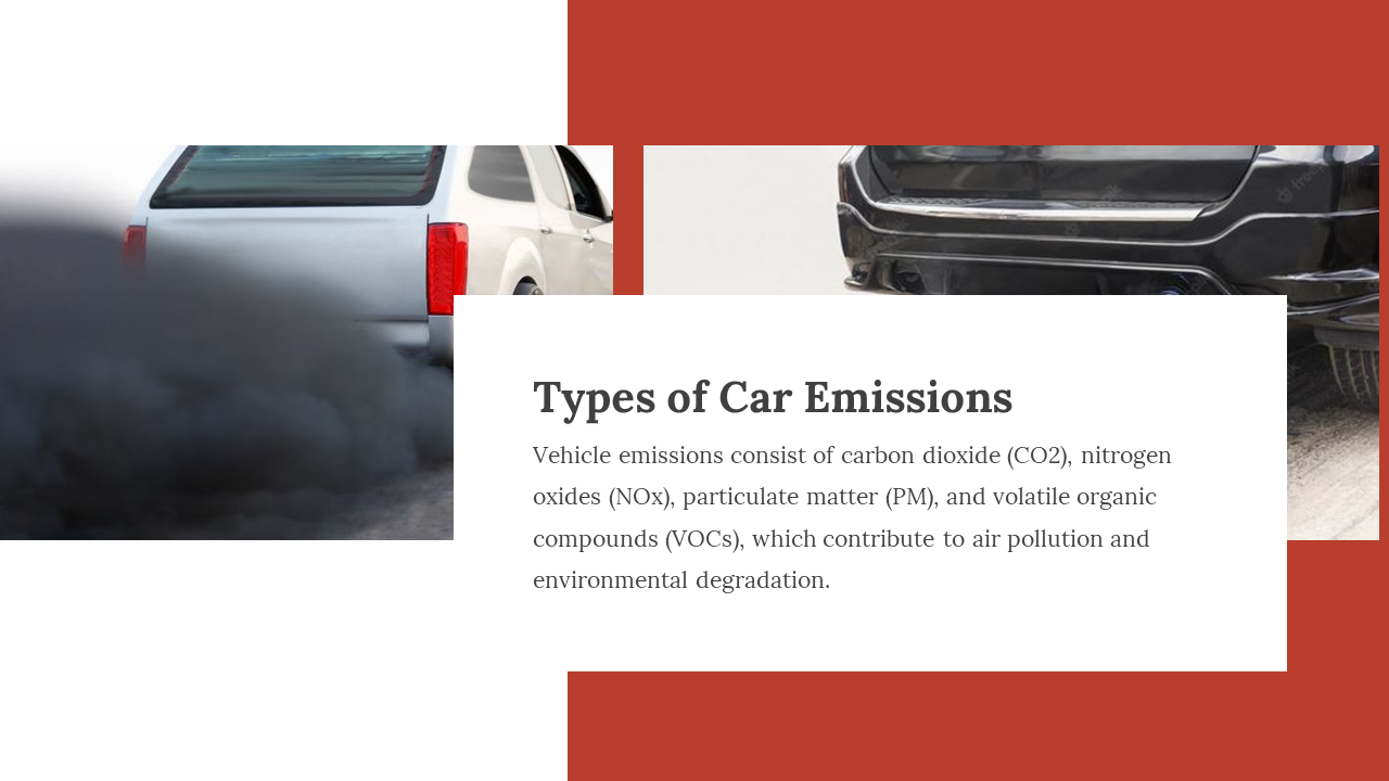 Vehicles releasing dark exhaust clouds, paired with a red and white panel outlining various pollutants.