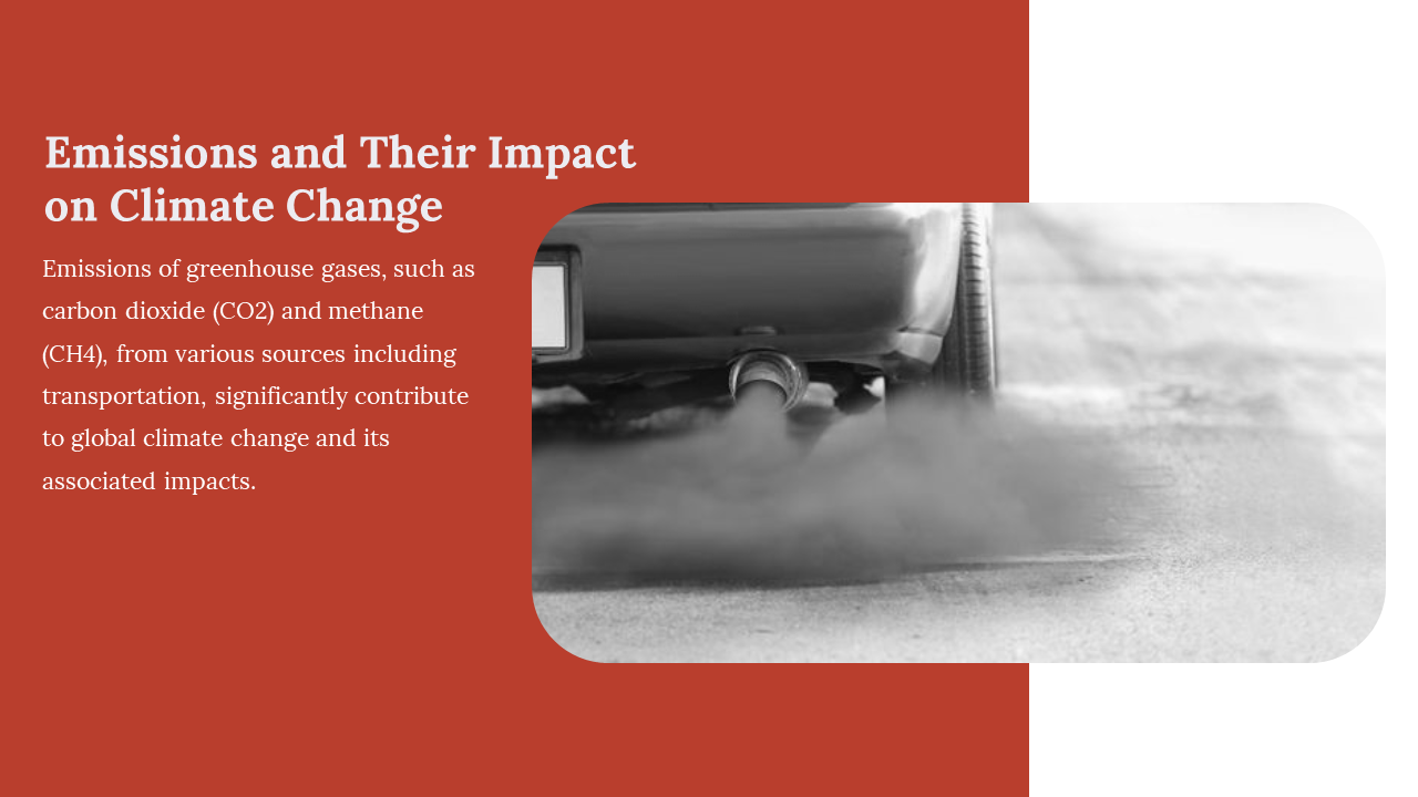 Rear view of a car emitting thick smoke, paired with a bold red and white panel addressing the climate impacts of emissions.
