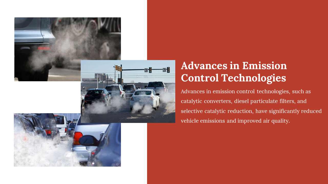 Images of cars releasing smoke at traffic lights and on roads, next to a highlighting vehicle emission control advances.