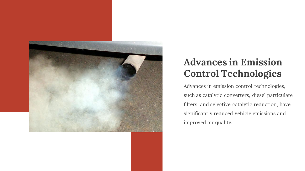 Car exhaust pipe releasing thick white smoke, next to a white and red panel discussing emission control technologies.