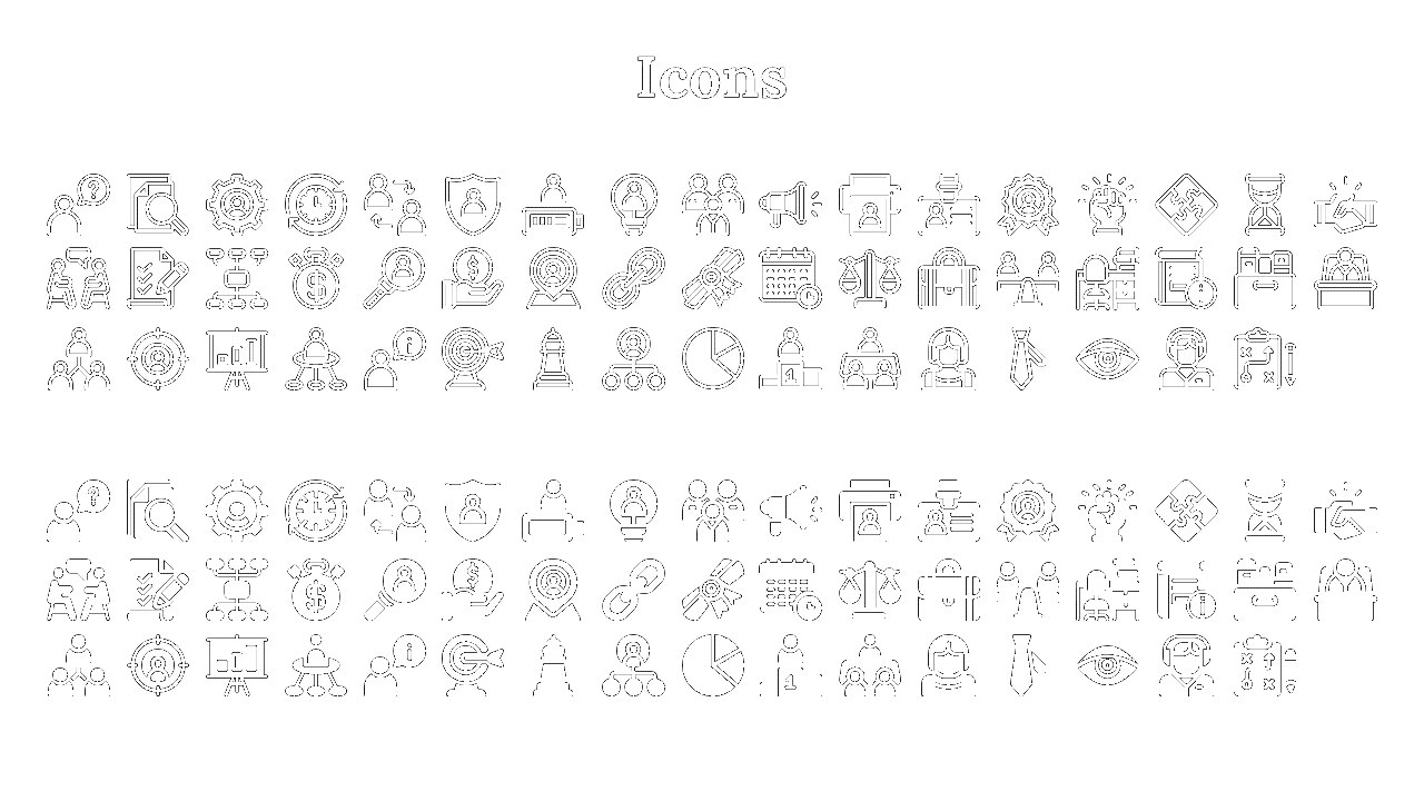 Grid of business themed icons showing teamwork, finance, security, and planning symbols in outlined and filled styles.