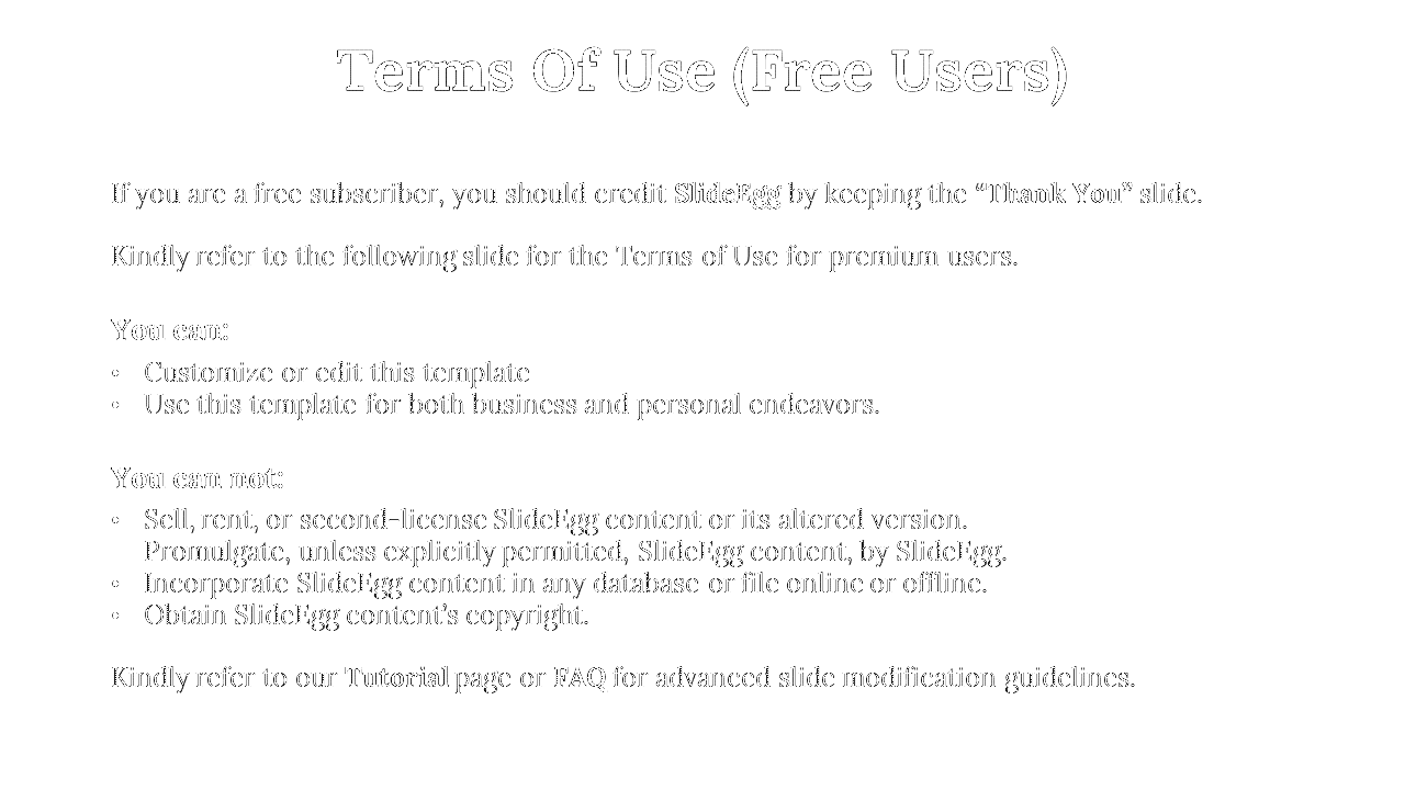 Terms of Use Free Users slide outlining allowed customizations and prohibited actions like reselling SlideEgg content.
