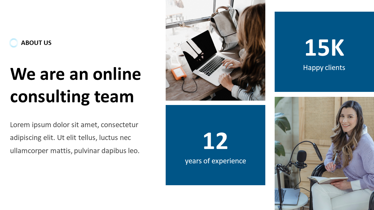 About us slide featuring a woman working on a laptop, client and experience stats, and a smiling woman holding a notebook.