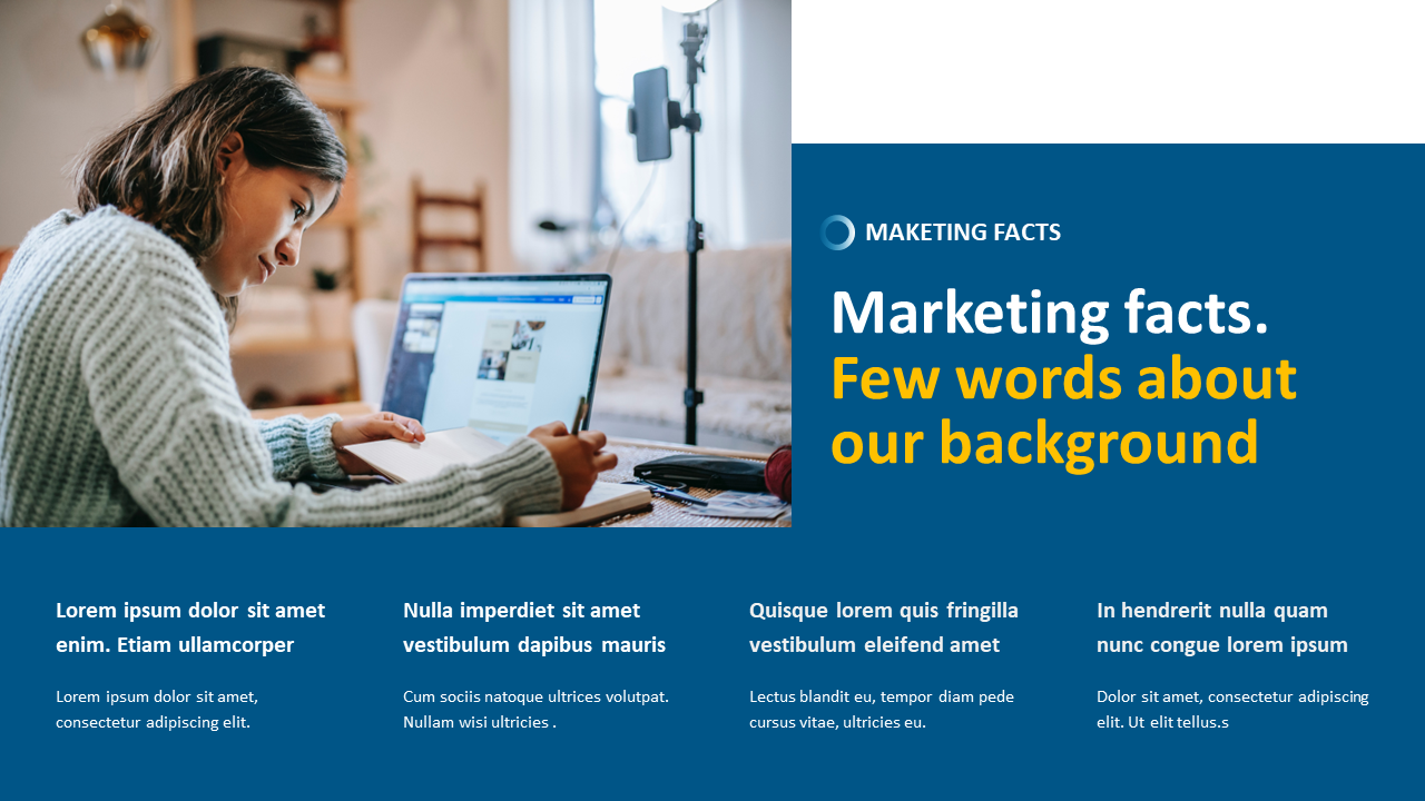 Marketing background slide featuring a woman studying, a blue panel with facts, and multiple text areas on company insights.