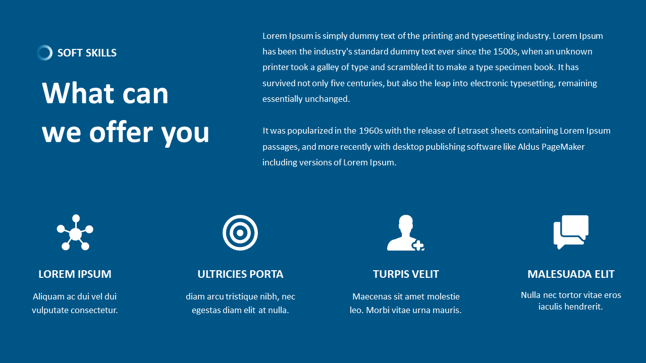 Blue themed presentation slide showing a soft skills section, descriptive text, and four icons with service headings.
