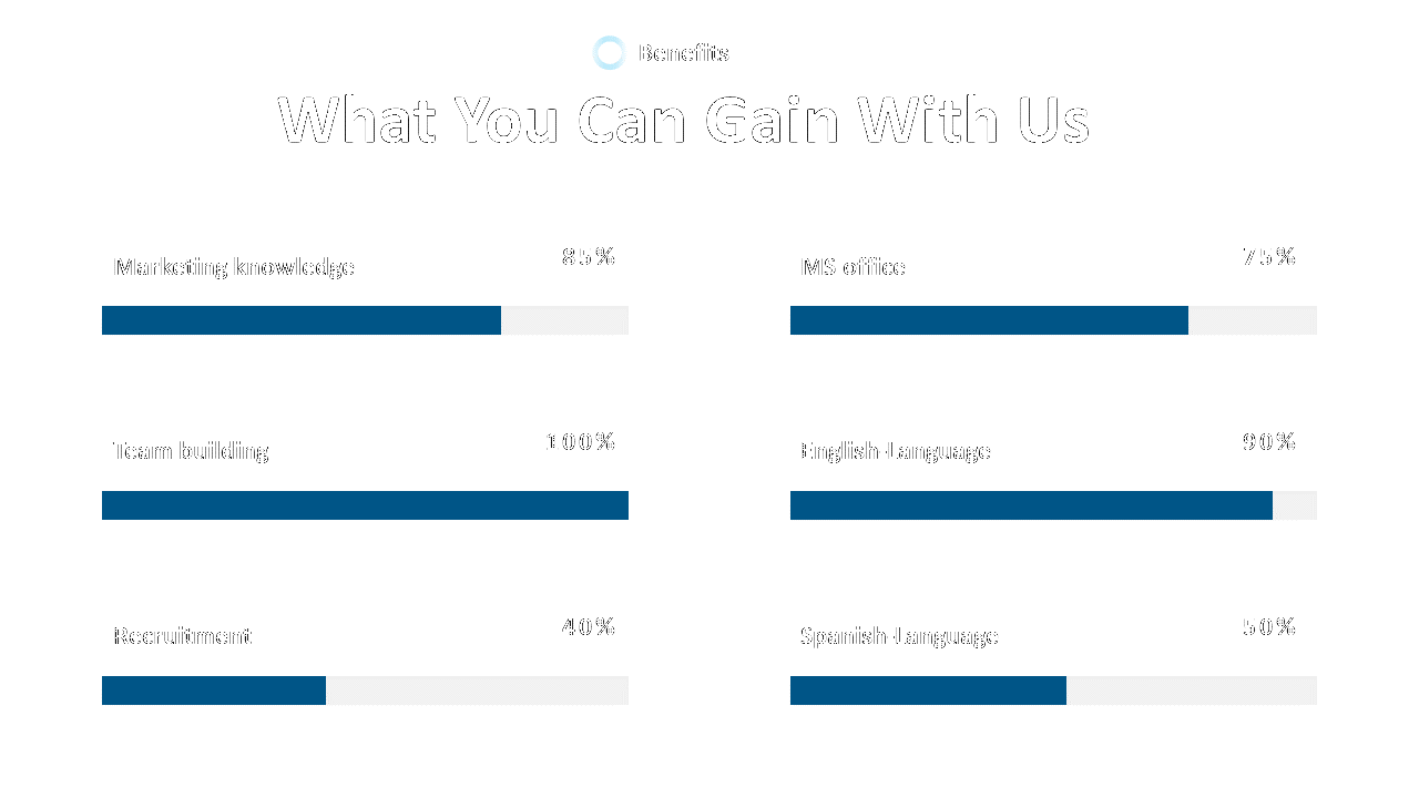 Presentation slide with skill development areas and blue progress bars for marketing, recruitment, and language skills.