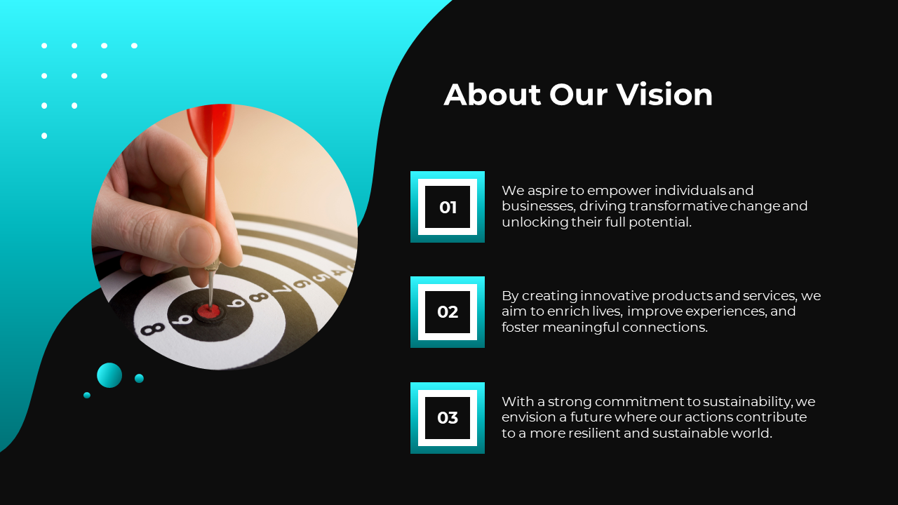 A vision statement slide with three key points and an image of a dart hitting the bullseye on a blue and black backdrop.