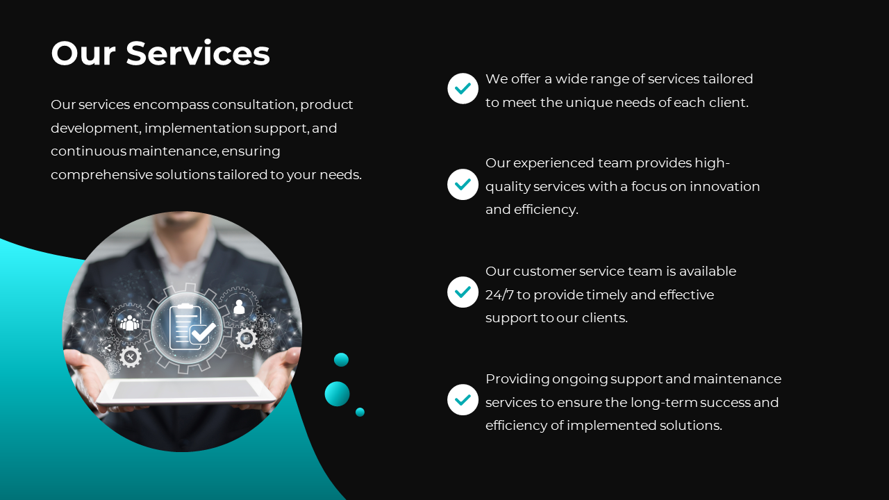 Services slide featuring an illustration of a person holding a tablet with interconnected icons on a blue and black backdrop.