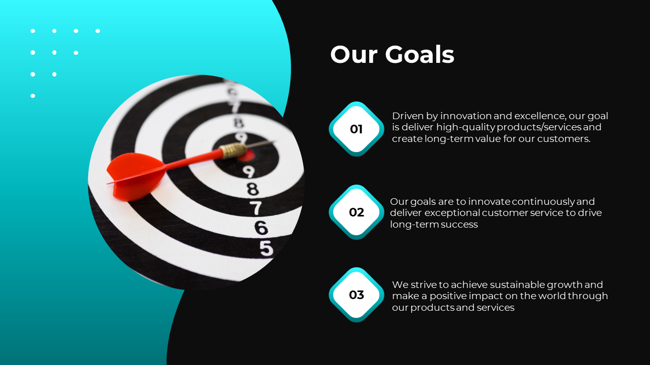 Goals infographic PPT slide featuring a target image with three points and text descriptions on a blue and black backdrop.