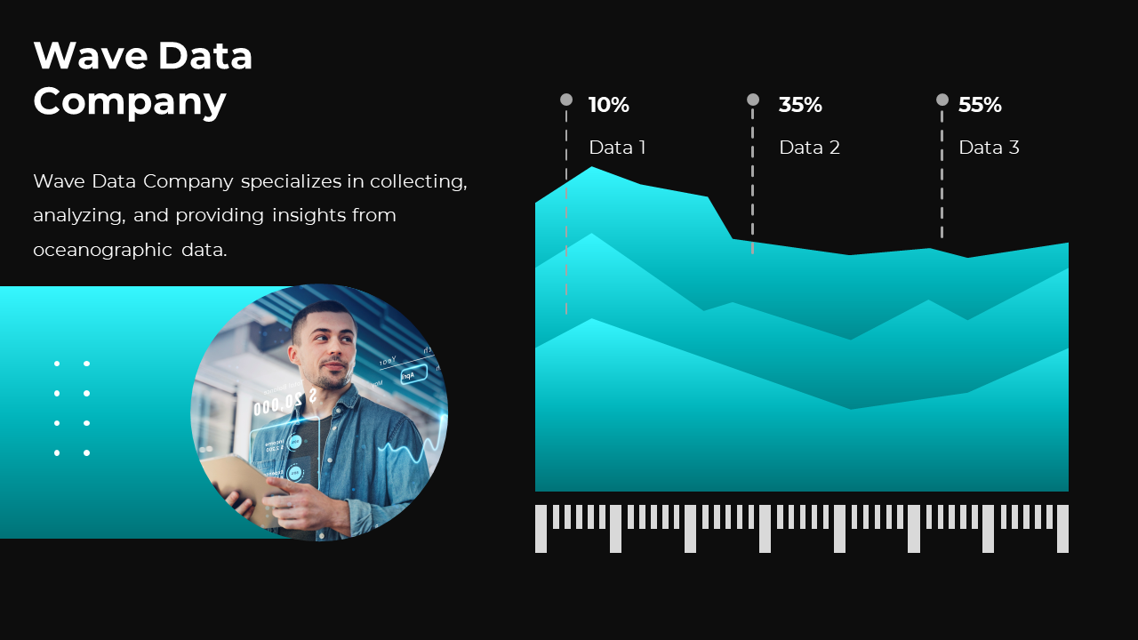 Blue and black wave data company slide with a graph showcasing data trends, focusing on oceanographic data analysis.