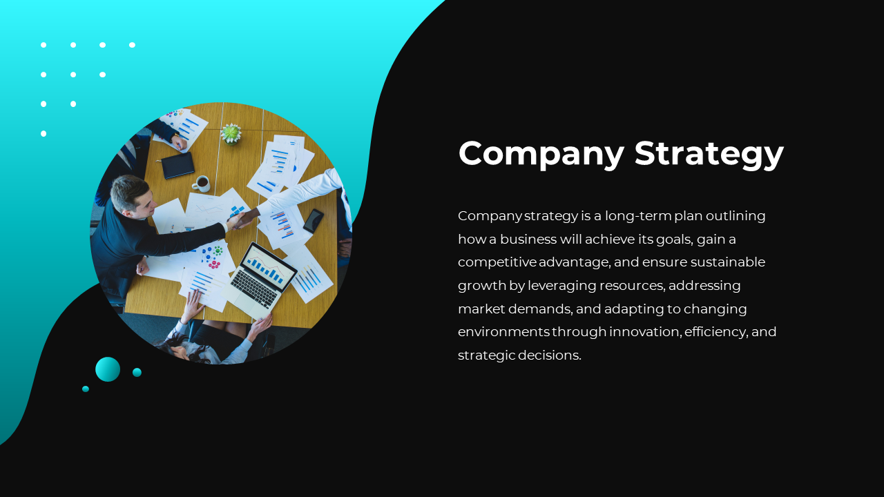 Company strategy slide with team collaborating over charts and data on a table in blue and black backdrop with descriptions.