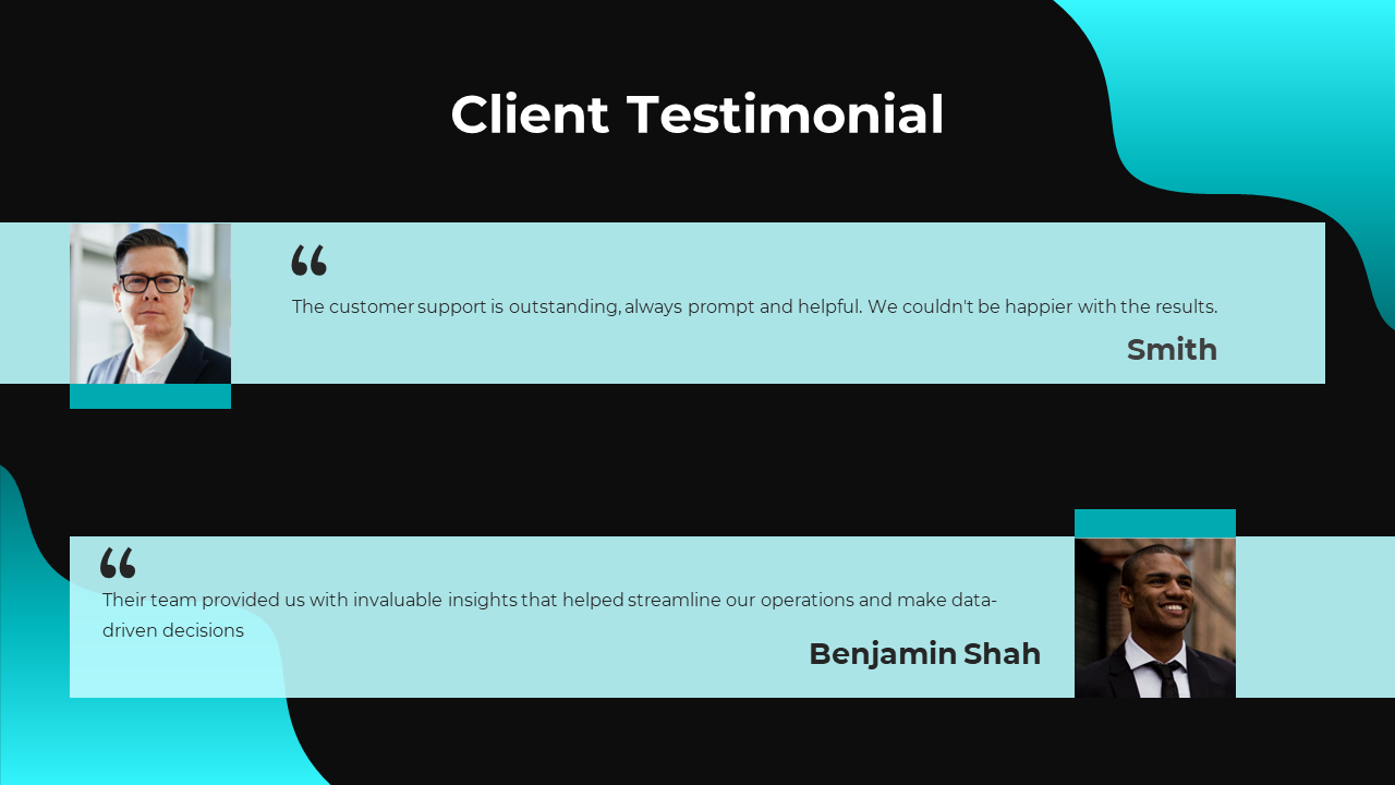 Client testimonials slide featuring positive feedback from two clients on a blue and black backdrop.