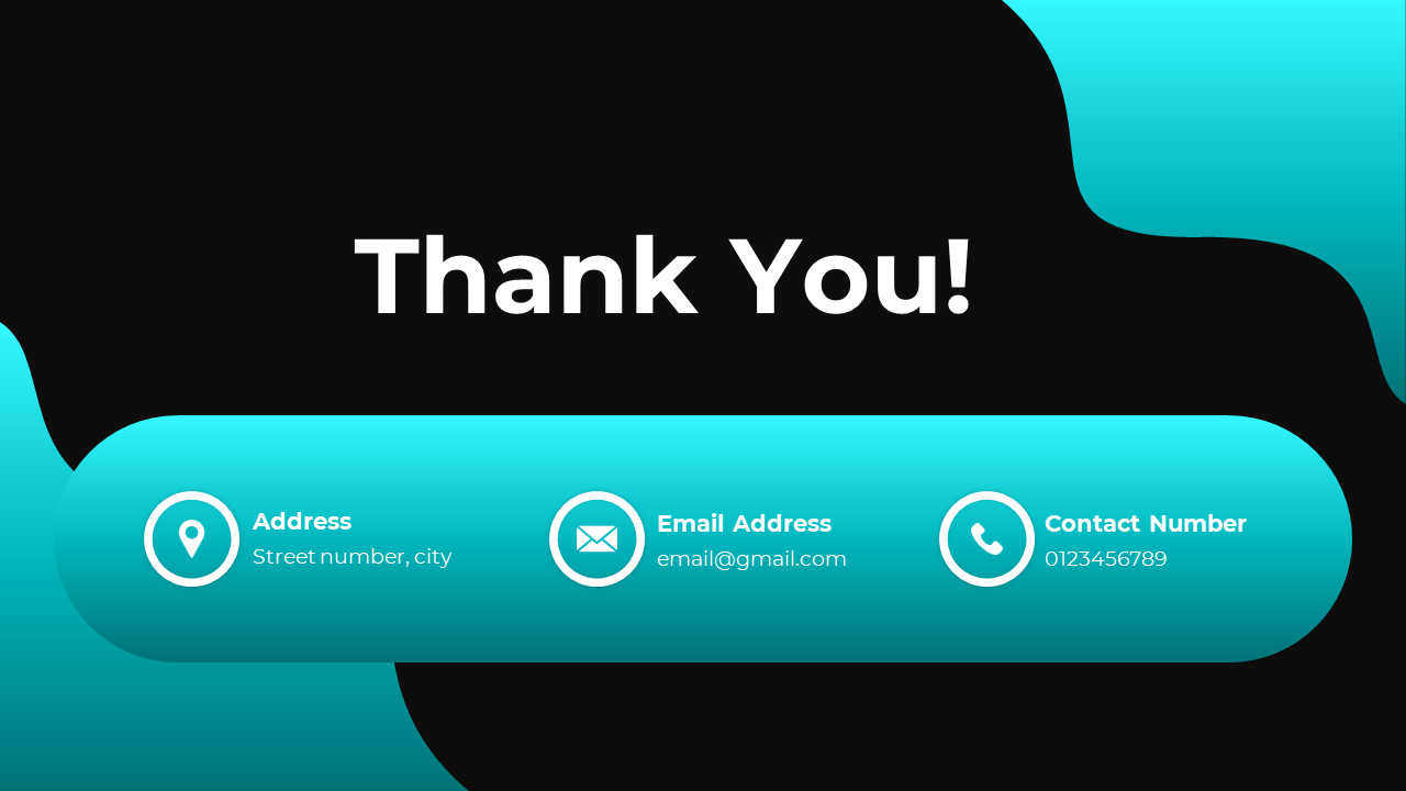 Blue and black thank you slide with contact information, including address, email address, and contact number icons.
