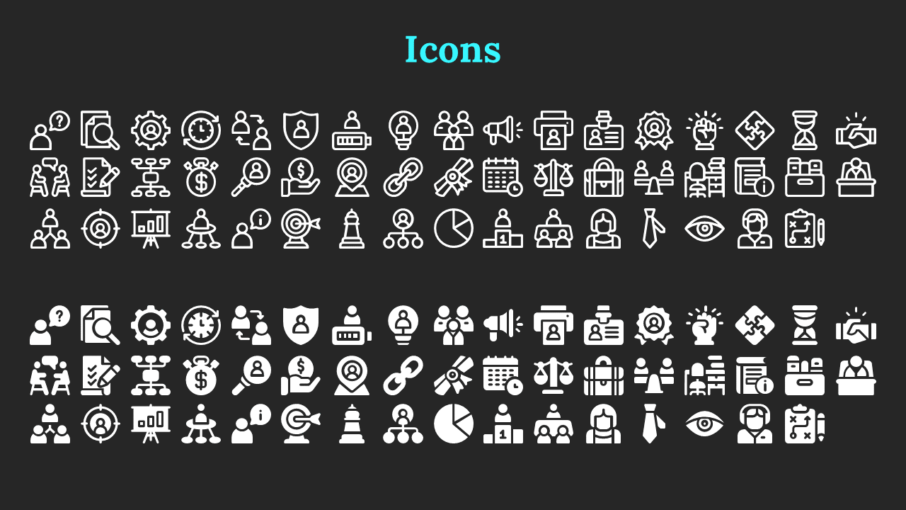 A collection of various white icons including people, business, and technology related symbols on a black backdrop.