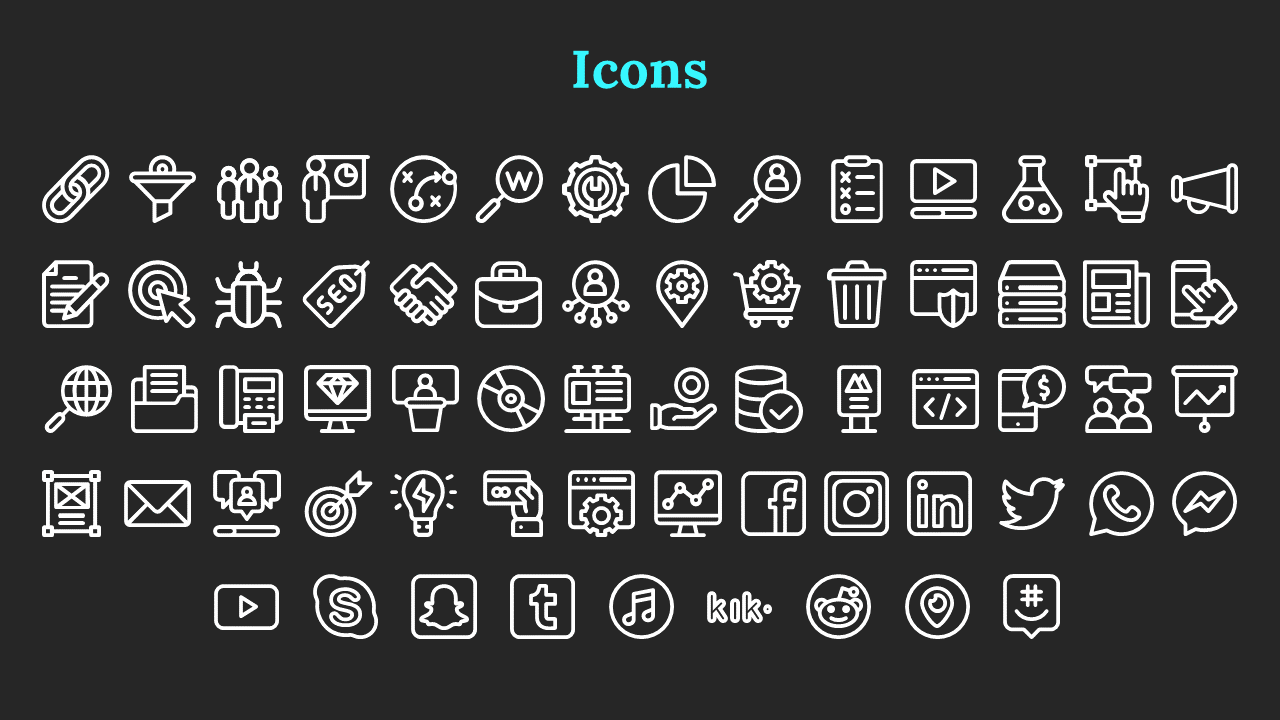 A collection of white icons representing business, technology, social media, and analytics tools on a black backdrop.