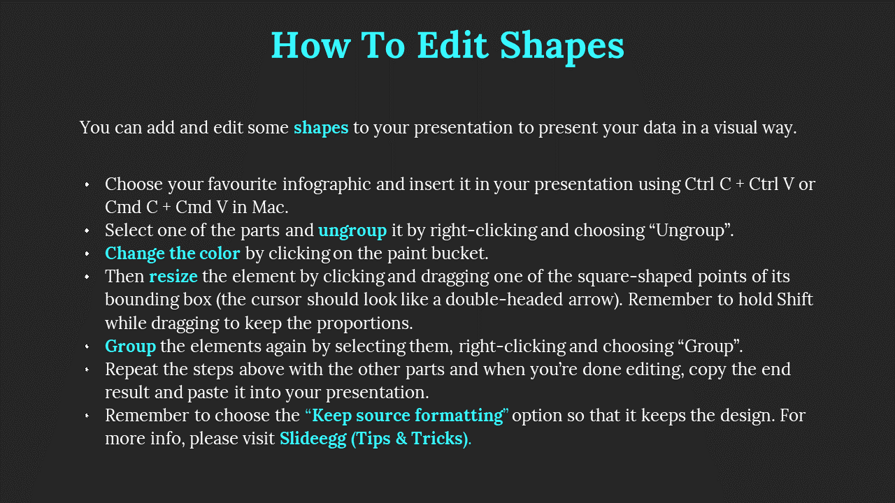 Instructions on how to edit shapes in PowerPoint, including steps for changing color, resizing, and grouping elements.