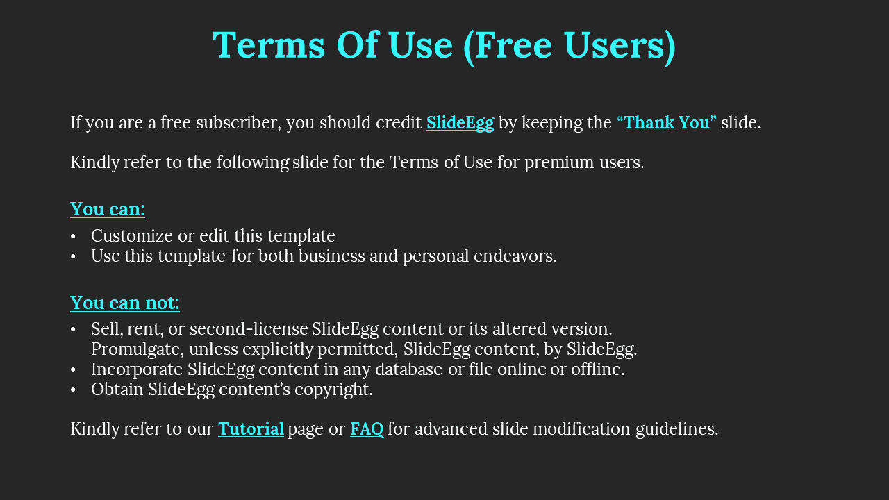 Instructions for free users of SlideEgg, outlining the rights to use and edit templates, and restrictions on redistribution.